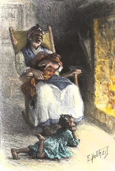 HUSG2A-00016. African-American mother rocking and singing to her children in a cabin.