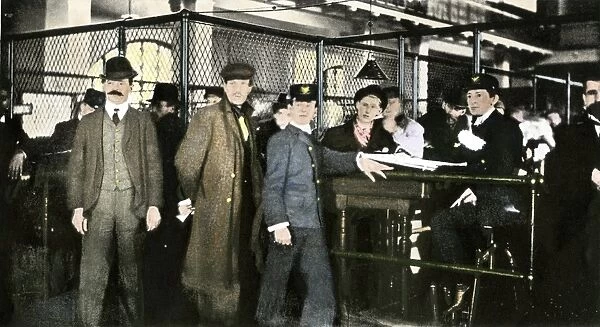 HUSG2A-00018. Immigrants in line at Ellis Island, New York harbor, circa 1905.