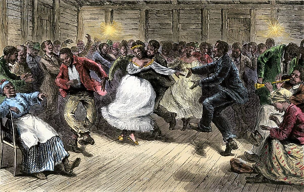 HUSG2A-00045. Freed slaves wedding dance in a cabin, US South, 1870s.