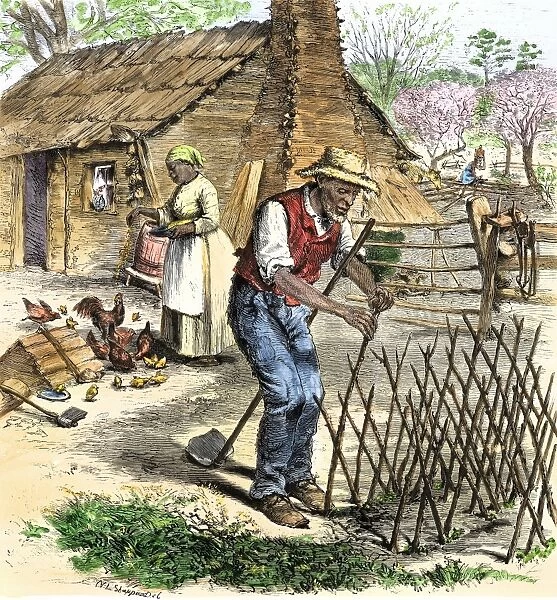 HUSG2A-00046. Former slave couple in spring outside their cabin in Virginia