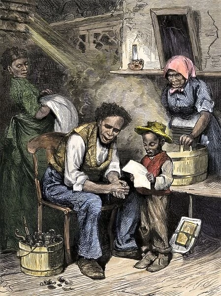HUSG2A-00050. African-American boy reading to his family of former slaves, 1870s.