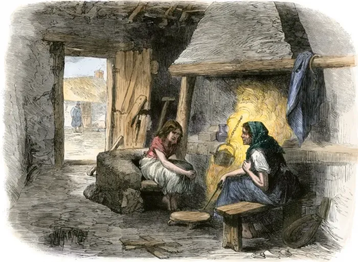 Framed Print : Interior of a poor Irish familys mud cabin in County Kildare Framed Print : Interior of a poor Irish familys mud cabin in County Kildare