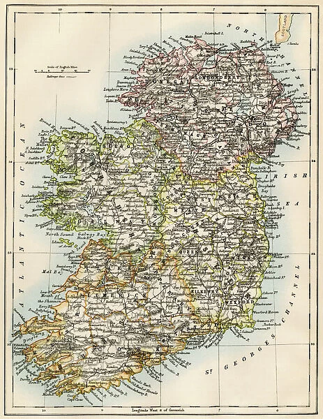 Ireland map, 1870s. Map of Ireland, or Eire, 1870s.. Printed color lithograph