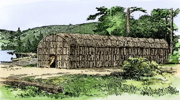 Framed Print : Iroquois longhouse. Hand-colored woodcut of a 19th-century illustration Framed Print : Iroquois longhouse. Hand-colored woodcut of a 19th-century illustration