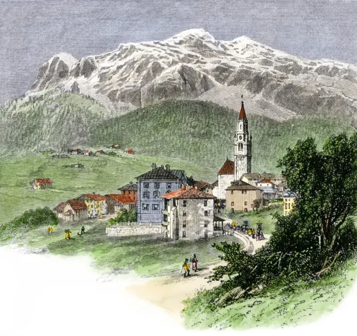 Framed Print : Italian village in the Dolomites, 1800s Framed Print : Italian village in the Dolomites, 1800s