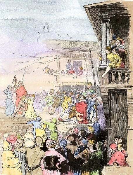 Itinerant actors performing in an inn yard, Elizabethan England
