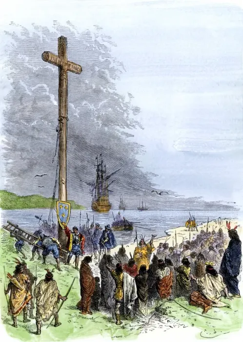 Framed Print : Jacques Cartier erects a cross along the Saint Lawrence River Framed Print : Jacques Cartier erects a cross along the Saint Lawrence River