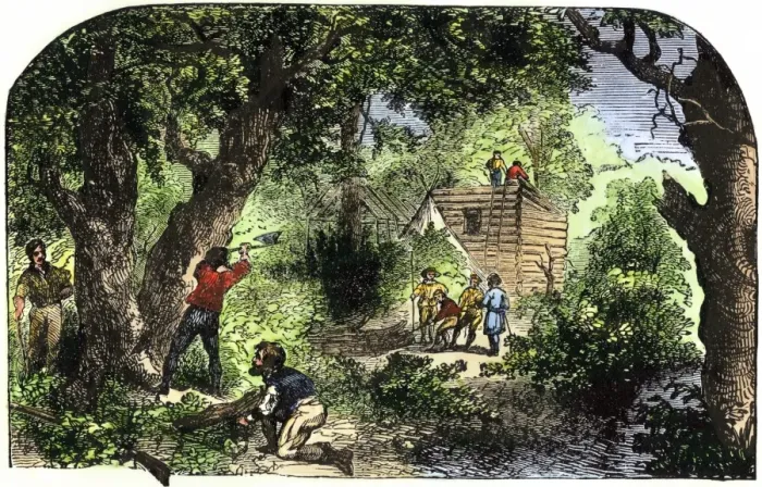 Framed Print : Jamestown colonists building homes, 1607 Framed Print : Jamestown colonists building homes, 1607