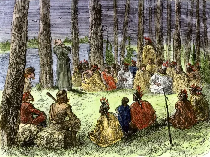 Framed Print : Jesuit missionary preaching to Native Americans Framed Print : Jesuit missionary preaching to Native Americans