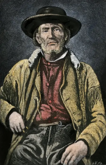 Framed Print : Jim Bridger. Hand-colored woodcut reproduction of a photograph Framed Print : Jim Bridger. Hand-colored woodcut reproduction of a photograph