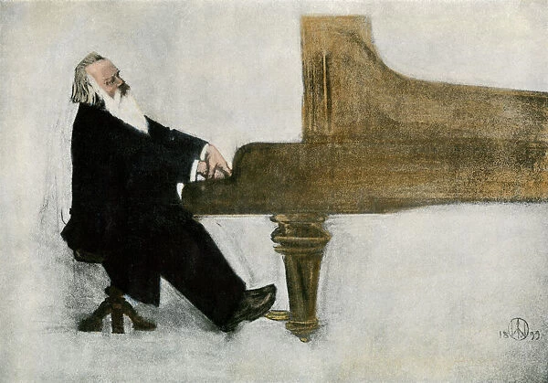 Johannes Brahms at the piano.. Hand-colored halftone reproduction of a charcoal drawing
