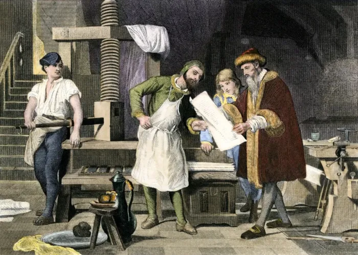 Framed Print : Johannes Gutenberg examining a proof Framed Print : Johannes Gutenberg examining a proof