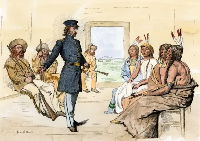Framed Print : John C. Fremont meeting Plains chiefs at Fort Laramie, 1840s Framed Print : John C. Fremont meeting Plains chiefs at Fort Laramie, 1840s
