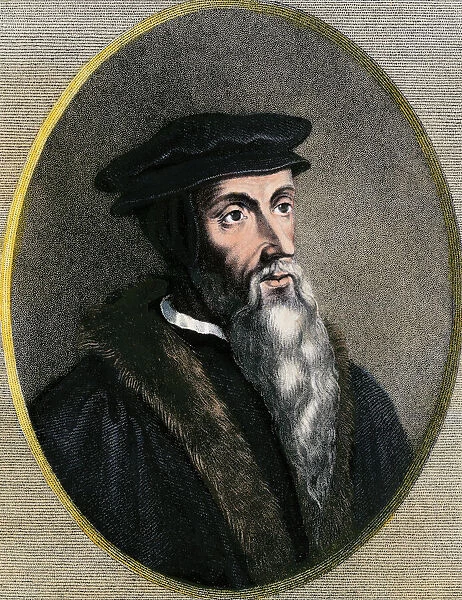 John Calvin portrait.. Hand-colored engraving
