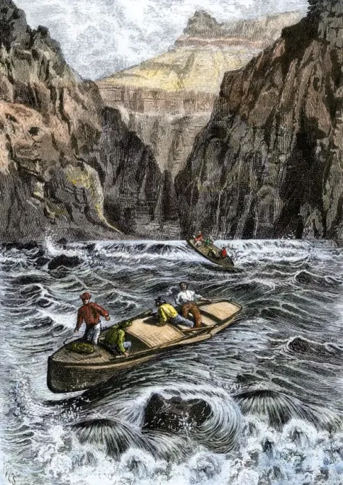 Framed Print : John Wesley Powells Grand Canyon expedition running rapids on the Colorado Framed Print : John Wesley Powells Grand Canyon expedition running rapids on the Colorado