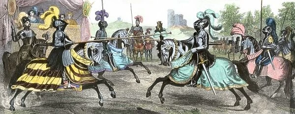 Jousting knights. Knights competing in a tournament, Middle Ages.