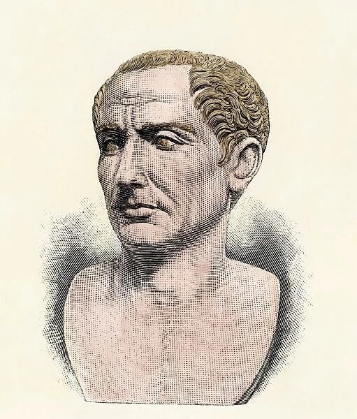 Julius Caesar bust.. Hand-colored woodcut of a 19th-century illustration