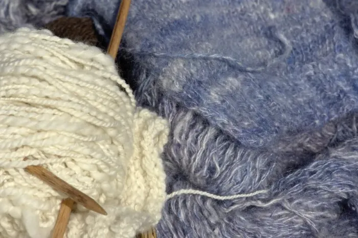 Framed Print : Knitting needles and handspun wool at a Yorktown reenactment