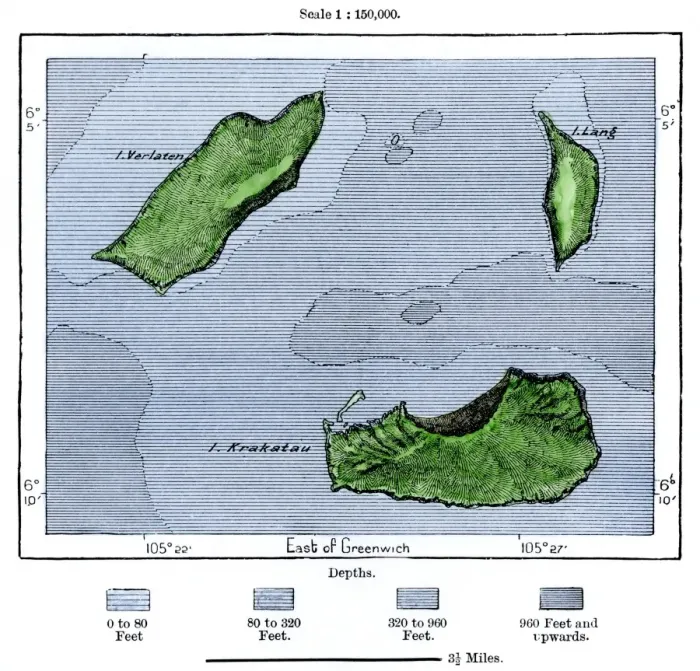 Framed Print : Krakatoa and neighboring islets after the volcanic eruption of 1883 Framed Print : Krakatoa and neighboring islets after the volcanic eruption of 1883