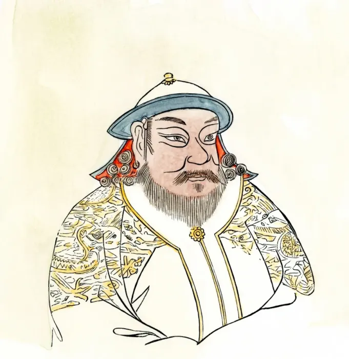 Framed Print : Kublai Khan. Hand-colored 19th-century engraving of a portrait Framed Print : Kublai Khan. Hand-colored 19th-century engraving of a portrait