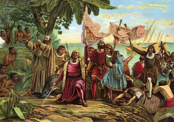 Framed Print : Landing of Columbus expedition on the island of Guanahane in 1492 Framed Print : Landing of Columbus expedition on the island of Guanahane in 1492