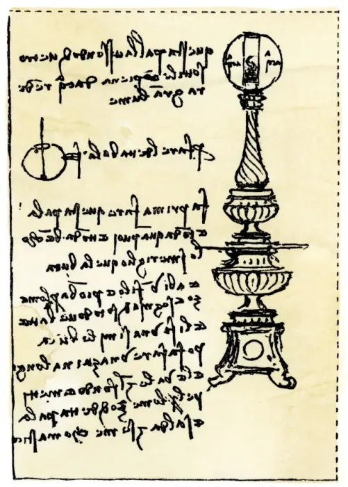 Framed Print : Leonardo da Vincis backward handwriting on his design for a lamp using a globe Framed Print : Leonardo da Vincis backward handwriting on his design for a lamp using a globe