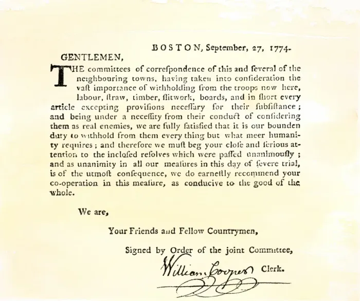 Framed Print : Letter from Bostons Committee of Correspondence urging supplies be withheld Framed Print : Letter from Bostons Committee of Correspondence urging supplies be withheld