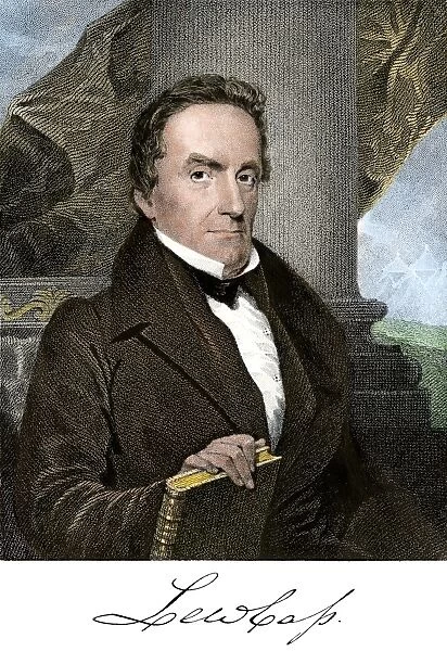 Lewis Cass, with his autograph.. Hand-colored engraving of a 19th-century portrait