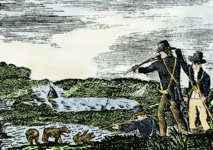 Framed Print : Lewis and Clark shoot a grizzly bear Framed Print : Lewis and Clark shoot a grizzly bear