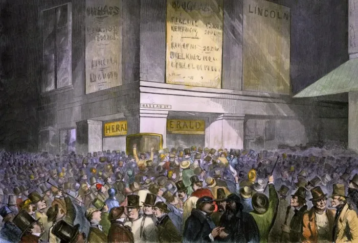 Framed Print : Lincoln election results displayed in New York City, 1860 Framed Print : Lincoln election results displayed in New York City, 1860