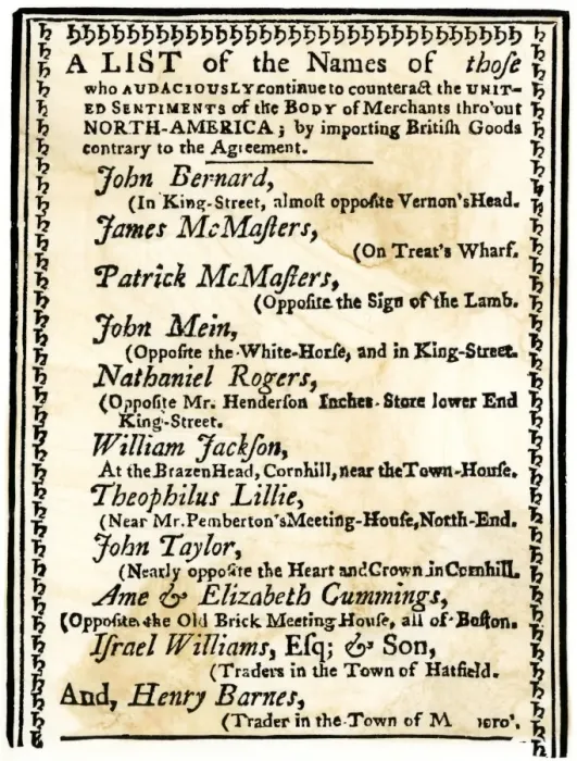 Framed Print : List of Boston merchants to be boycotted for importing British goods Framed Print : List of Boston merchants to be boycotted for importing British goods