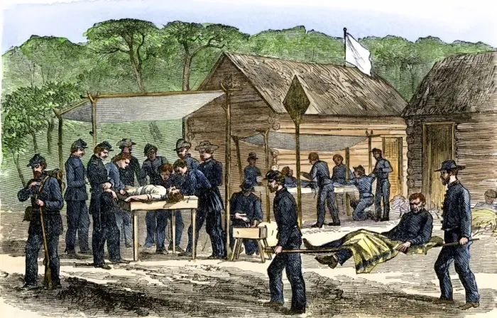 Framed Print : Litter-bearers bringing wounded men to a Union army field hospital after a