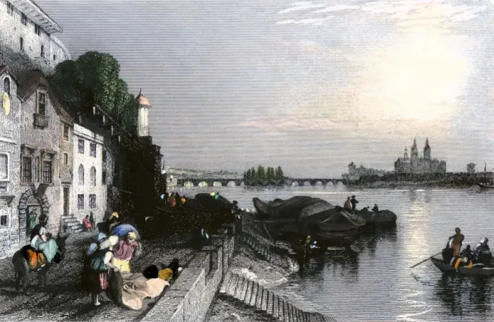 Framed Print : Loire River in Tours, France, early 1800s Framed Print : Loire River in Tours, France, early 1800s