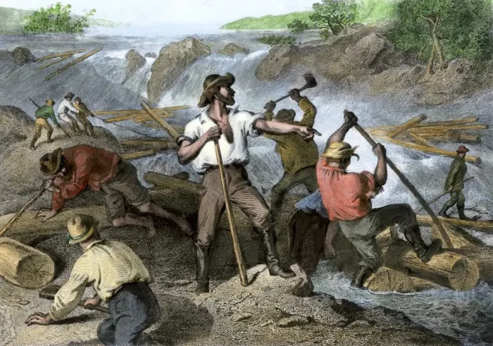 Framed Print : Lumbermen clearing a log-jam on a river Framed Print : Lumbermen clearing a log-jam on a river