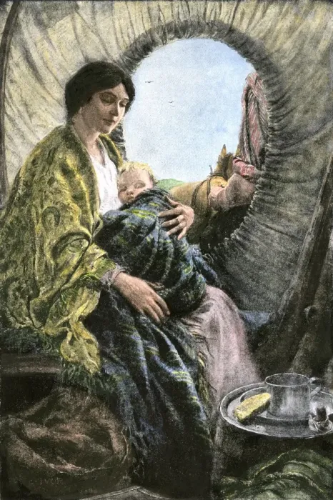 Framed Print : Madonna of the prairies- a mother and child inside a covered wagon Framed Print : Madonna of the prairies- a mother and child inside a covered wagon