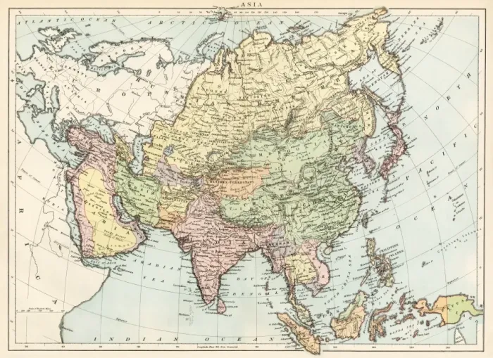 Framed Print : Map of Asia, circa 1870. Printed color lithograph Framed Print : Map of Asia, circa 1870. Printed color lithograph