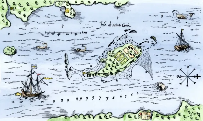 Framed Print : Map of Champlains settlement on the Isle de Sainte Croix Framed Print : Map of Champlains settlement on the Isle de Sainte Croix