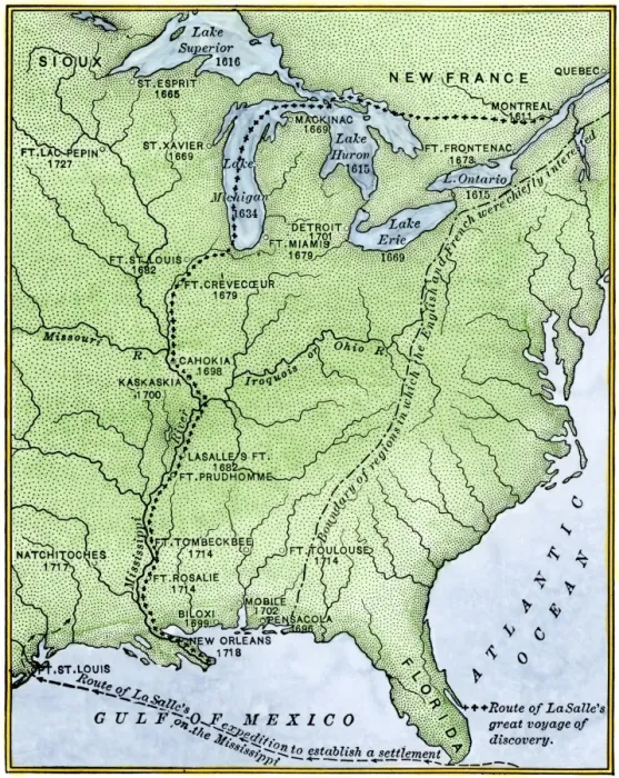 Framed Print : Map showing the route of La Salles explorations in North America Framed Print : Map showing the route of La Salles explorations in North America