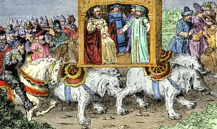 Framed Print : Marco Polo transported in Kublai Khans elephant car during visit to China Framed Print : Marco Polo transported in Kublai Khans elephant car during visit to China