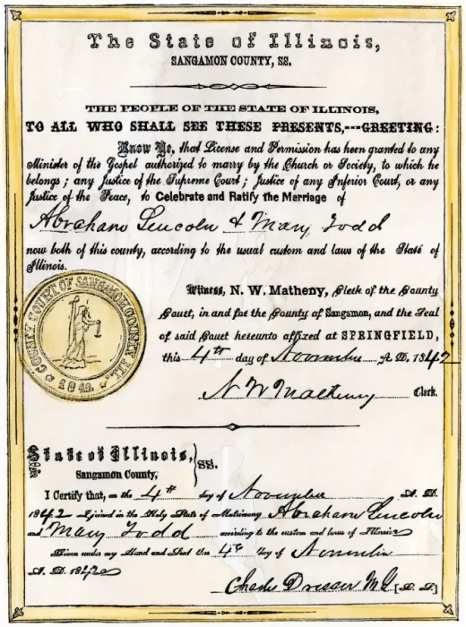 Framed Print : Marriage certificate of Abraham Lincoln and Mary Todd