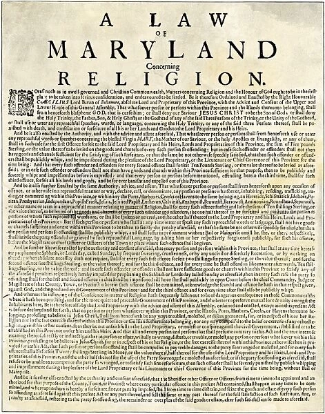 Marylands religious tolerance law, 1600s
