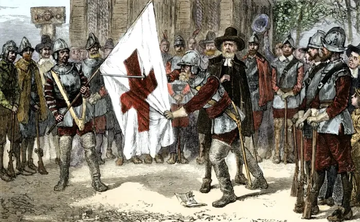 Framed Print : Massachusetts Puritans removing the cross from the English flag