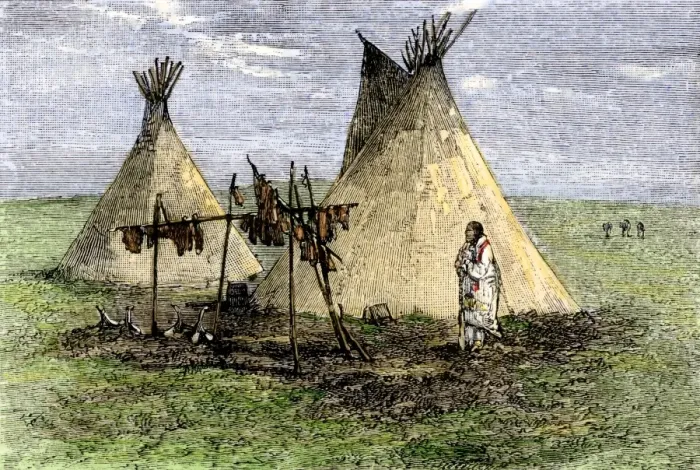 Framed Print : Meat strips drying to make jerky outside a tepee on the plains Framed Print : Meat strips drying to make jerky outside a tepee on the plains