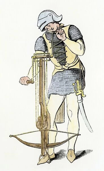 Medieval crossbow. Genoese archer winding up, or bending, his cross-bow.
