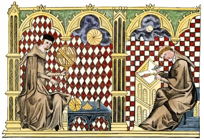 Framed Print : Medieval monks studying geometry and copying a manuscript