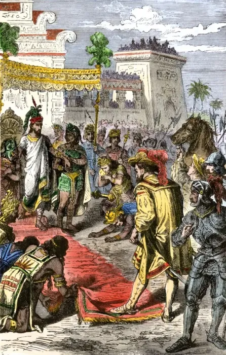 Framed Print : Meeting of Hernando Cortes and Aztec emperor Montezuma II in Tenochtitlan