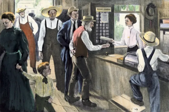 Framed Print : Meeting the new postmistress, early 1900s Framed Print : Meeting the new postmistress, early 1900s