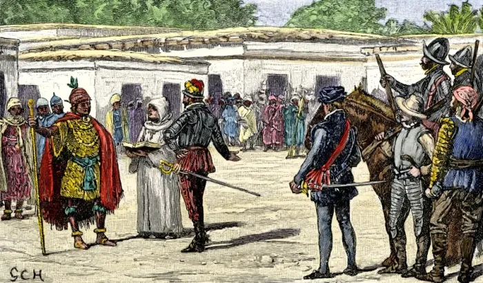 Framed Print : Meeting between Spanish conqueror Pizarro and Inca leader Atahualpa