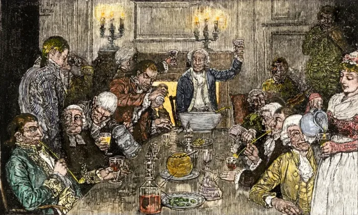 Framed Print : Men enjoying an afterdinner drink in colonial times Framed Print : Men enjoying an afterdinner drink in colonial times
