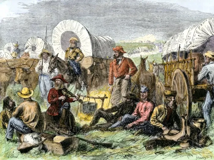 Framed Print : Men around a wagon train campfire at night Framed Print : Men around a wagon train campfire at night